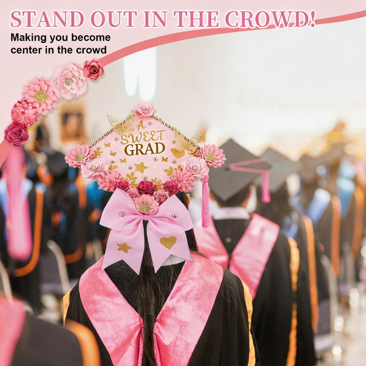 Mverse Graduation Cap Decorations Kit 2026-3D Paper Flowers & Gold Butterflies for Grad Cap Topper - DIY Flower Stickers, Glitter Letters & Pearls for Crafts & Shadow Box (Pink)