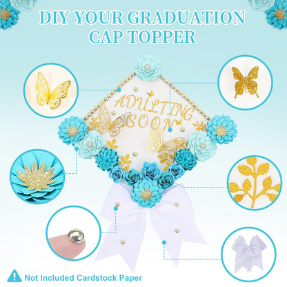 Mverse Graduation Cap Decorations Kit 2026-3D Paper Flowers & Gold Butterflies for Grad Cap Topper - DIY Flower Stickers, Glitter Letters & Pearls for Crafts & Shadow Box (Pink)