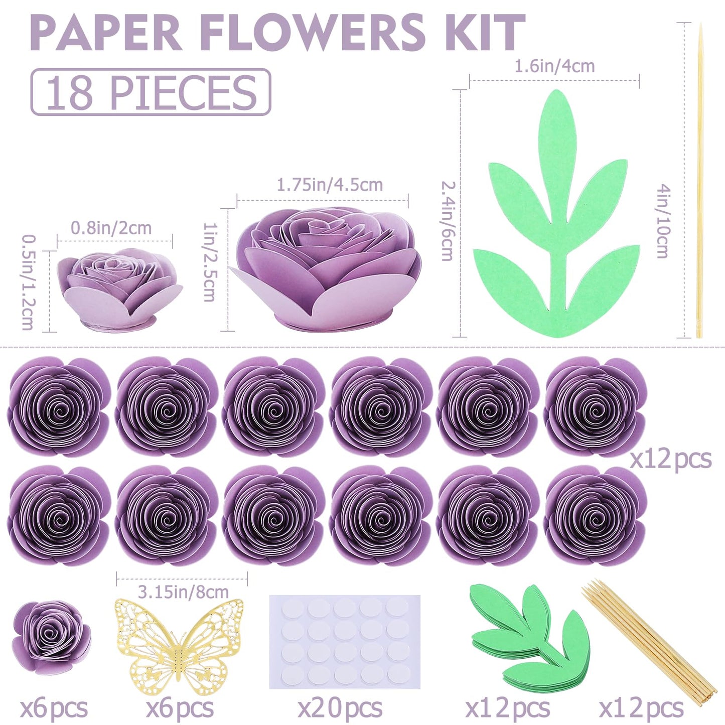 Mverse 18 Purple Roses Artificial Flowers, Forever Rose Paper Flower Gift Décor Cupcake Topper (Light Purple)