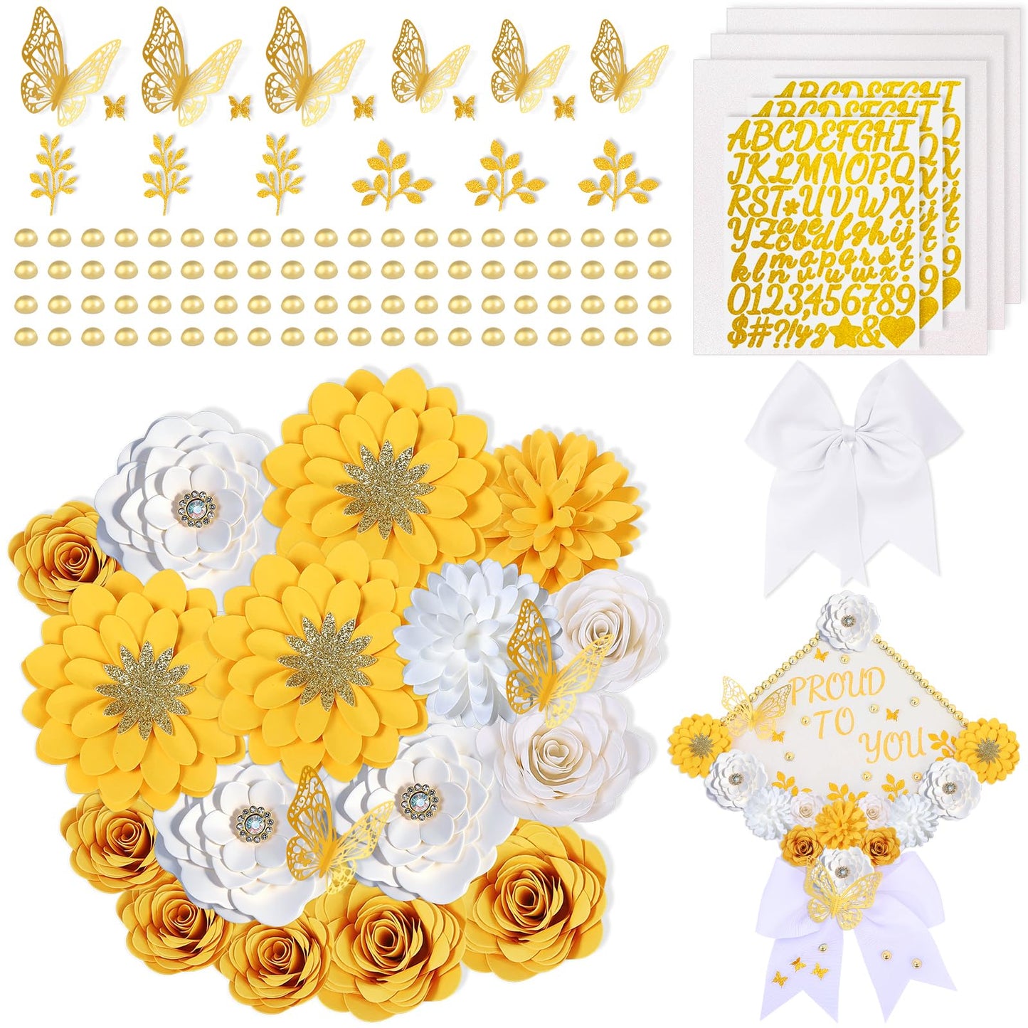 Mverse Graduation Cap Decorations Kit 2026-3D Paper Flowers & Gold Butterflies for Grad Cap Topper - DIY Flower Stickers, Glitter Letters & Pearls for Crafts & Shadow Box (Pink)