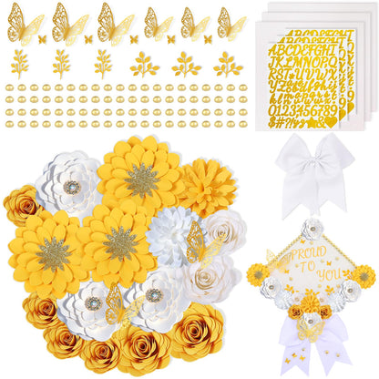 Mverse Graduation Cap Decorations Kit 2026-3D Paper Flowers & Gold Butterflies for Grad Cap Topper - DIY Flower Stickers, Glitter Letters & Pearls for Crafts & Shadow Box (Pink)