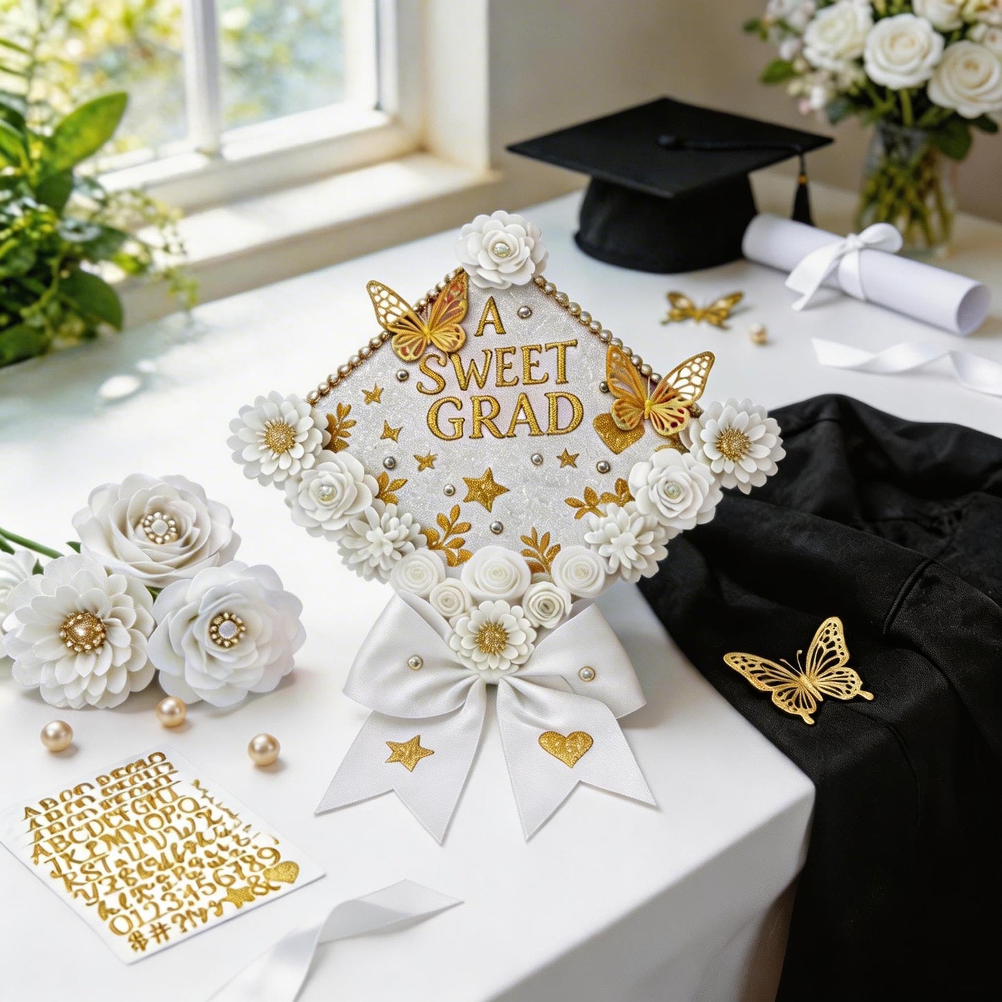 Mverse Graduation Cap Decorations Kit 2026-3D Paper Flowers & Gold Butterflies for Grad Cap Topper - DIY Flower Stickers, Glitter Letters & Pearls for Crafts & Shadow Box (Pink)