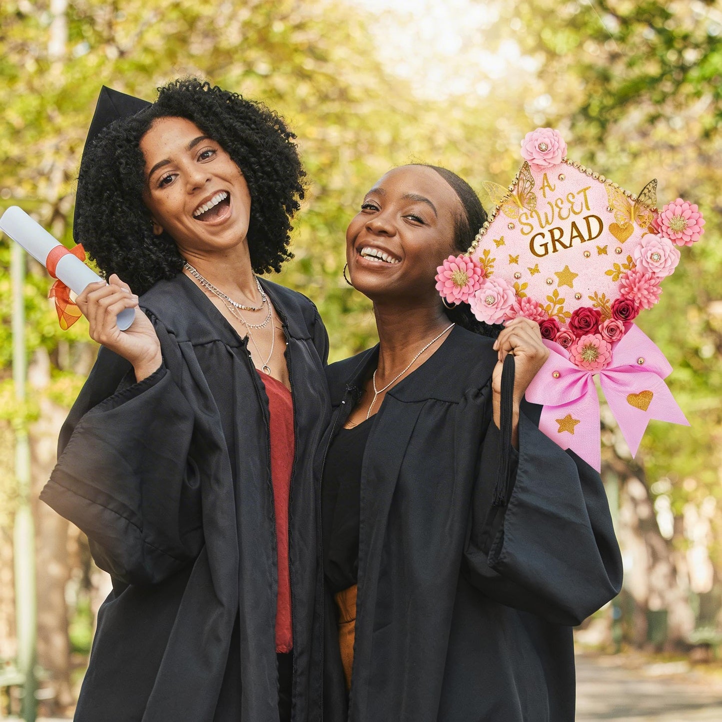 Mverse Graduation Cap Decorations Kit 2026-3D Paper Flowers & Gold Butterflies for Grad Cap Topper - DIY Flower Stickers, Glitter Letters & Pearls for Crafts & Shadow Box (Pink)