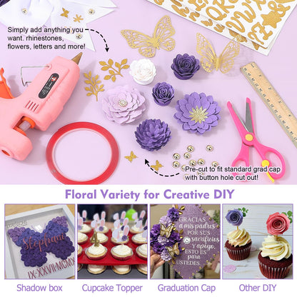 Mverse Graduation Cap Decorations Kit 2026-3D Paper Flowers & Gold Butterflies for Grad Cap Topper - DIY Flower Stickers, Glitter Letters & Pearls for Crafts & Shadow Box (Pink)