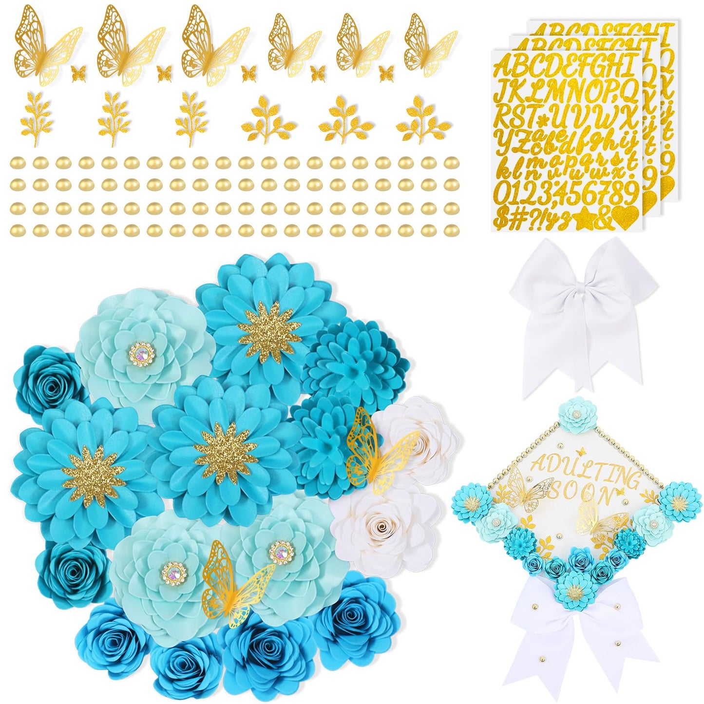Mverse Graduation Cap Decorations Kit 2026-3D Paper Flowers & Gold Butterflies for Grad Cap Topper - DIY Flower Stickers, Glitter Letters & Pearls for Crafts & Shadow Box (Pink)