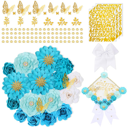 Mverse Graduation Cap Decorations Kit 2026-3D Paper Flowers & Gold Butterflies for Grad Cap Topper - DIY Flower Stickers, Glitter Letters & Pearls for Crafts & Shadow Box (Pink)