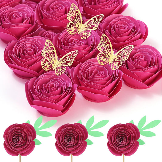 Mverse 3D Rolled Roses Paper Flowers Decorations for Custom Shadow Box Frame, Graduation Cap, Mini Artificial Crafts DIY Gift Décor for Mother Day (18 Pieces, Rose Red)