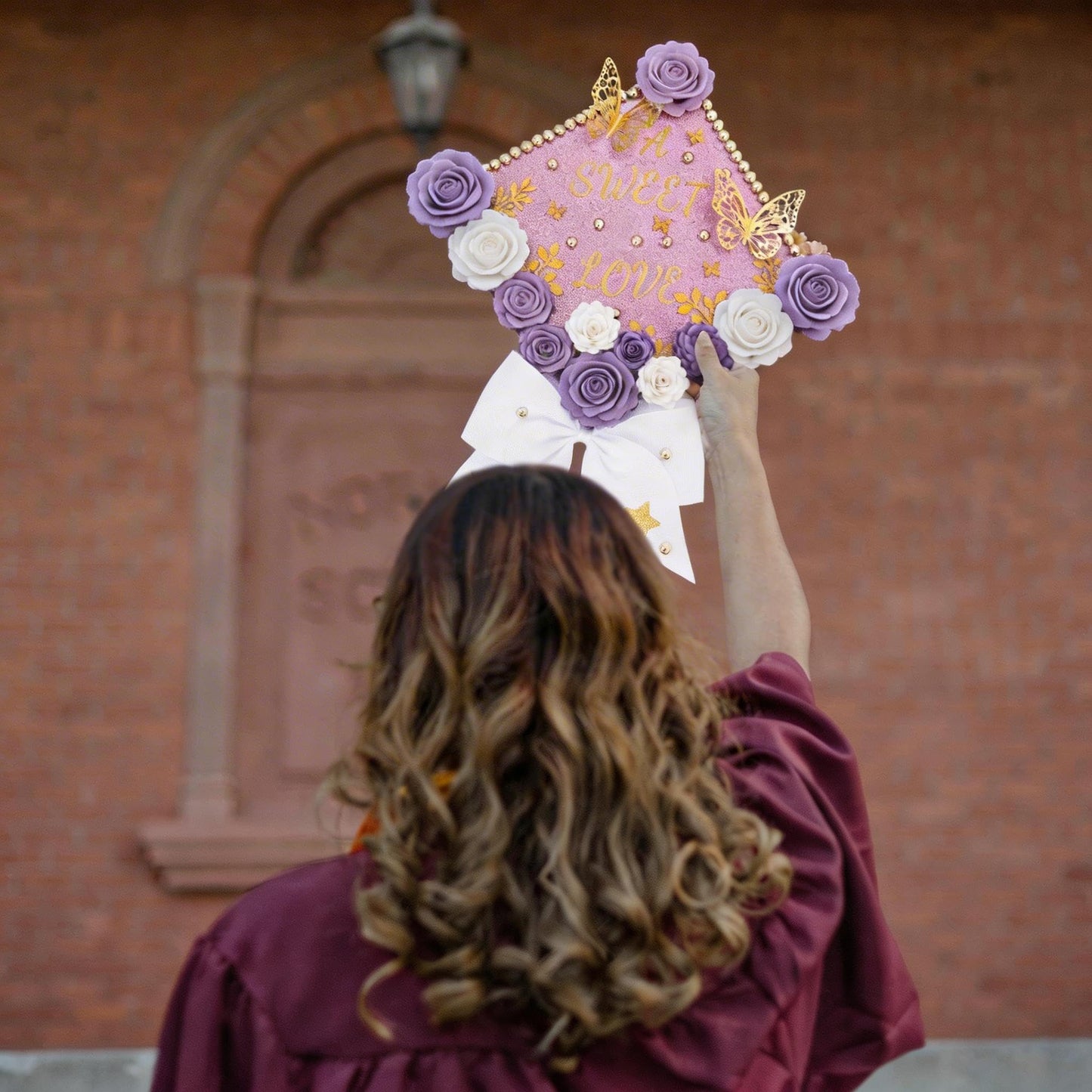 Mverse Graduation Cap Decorations Kit 2026-3D Paper Flowers & Gold Butterflies for Grad Cap Topper - DIY Flower Stickers, Glitter Letters & Pearls for Crafts & Shadow Box (Pink)