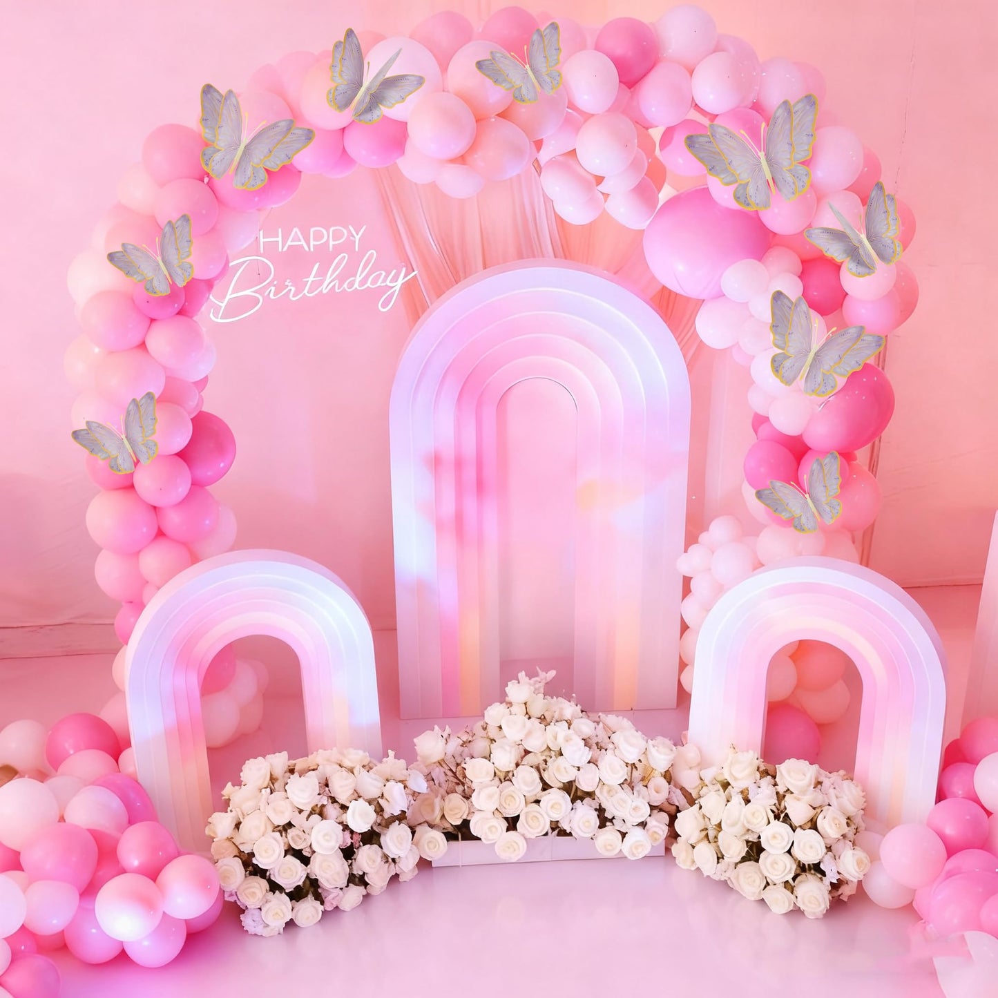 Mverse 3D Butterfly Wall Decor - Gold Paper Butterflies Sticker for Balloon Arch Garland & Cake Topper - Removable Mural Decals for Baby Shower, Wedding, Nursery & Girls Room Decoration (Pink)