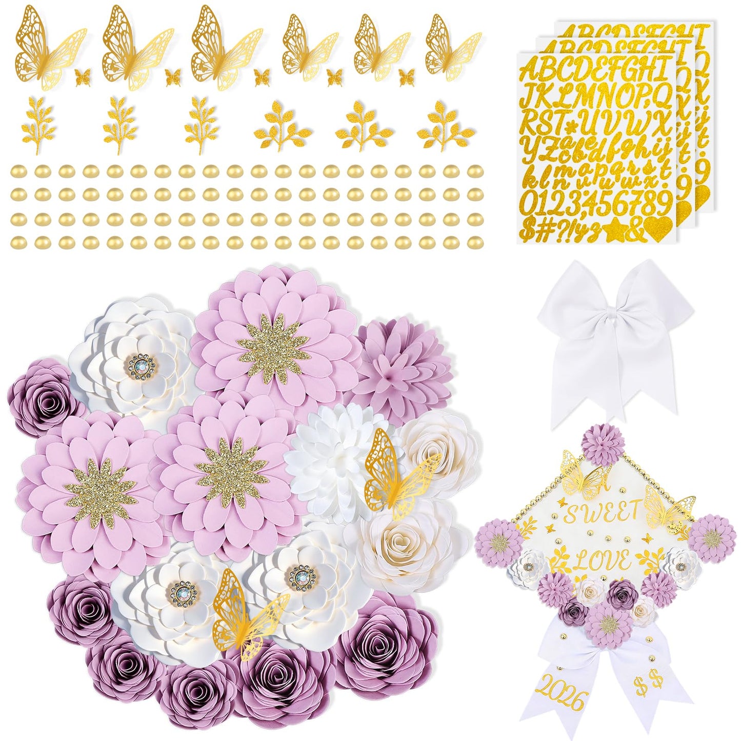Mverse Graduation Cap Decorations Kit 2026-3D Paper Flowers & Gold Butterflies for Grad Cap Topper - DIY Flower Stickers, Glitter Letters & Pearls for Crafts & Shadow Box (Pink)