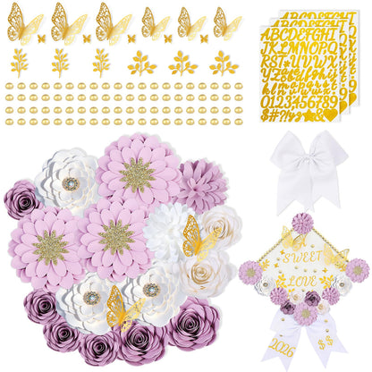 Mverse Graduation Cap Decorations Kit 2026-3D Paper Flowers & Gold Butterflies for Grad Cap Topper - DIY Flower Stickers, Glitter Letters & Pearls for Crafts & Shadow Box (Pink)