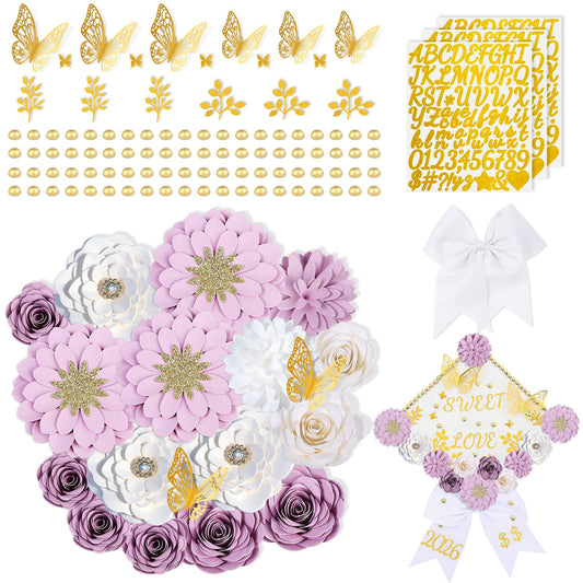 Mini Paper Flowers & Gold Butterfly (Purple)