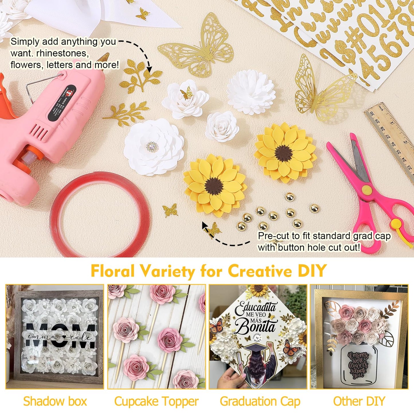 Mverse Graduation Cap Decorations Kit 2026-3D Paper Flowers & Gold Butterflies for Grad Cap Topper - DIY Flower Stickers, Glitter Letters & Pearls for Crafts & Shadow Box (Pink)