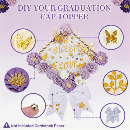 Mverse Graduation Cap Decorations Kit 2026-3D Paper Flowers & Gold Butterflies for Grad Cap Topper - DIY Flower Stickers, Glitter Letters & Pearls for Crafts & Shadow Box (Pink)