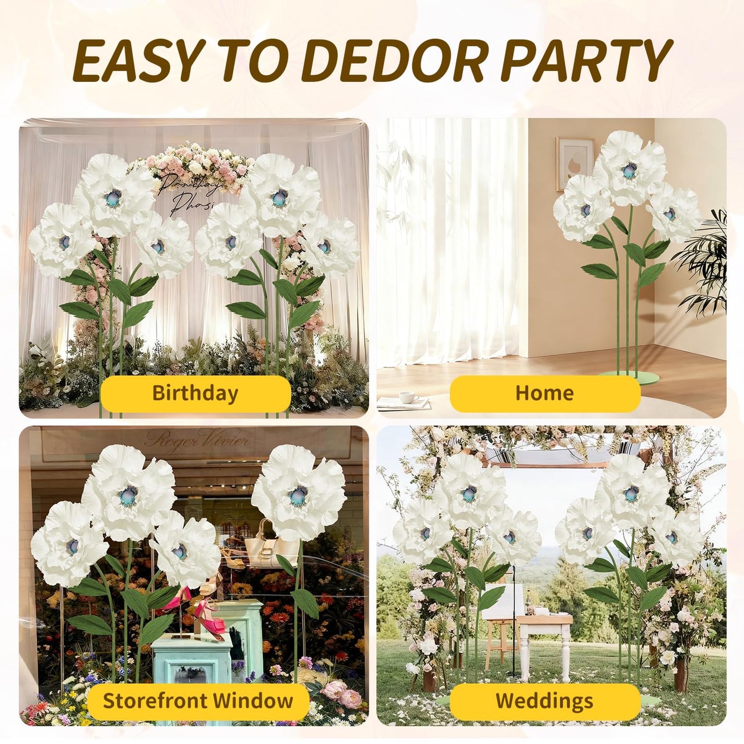 Mverse Giant Standing Flowers with Heavy Duty Base, 5-7ft Life Size Artificial Paper Dasiy Decorations for Wedding Backdrop, Nursery Wall Decor & Luxury Party Photo Booth Props (White)
