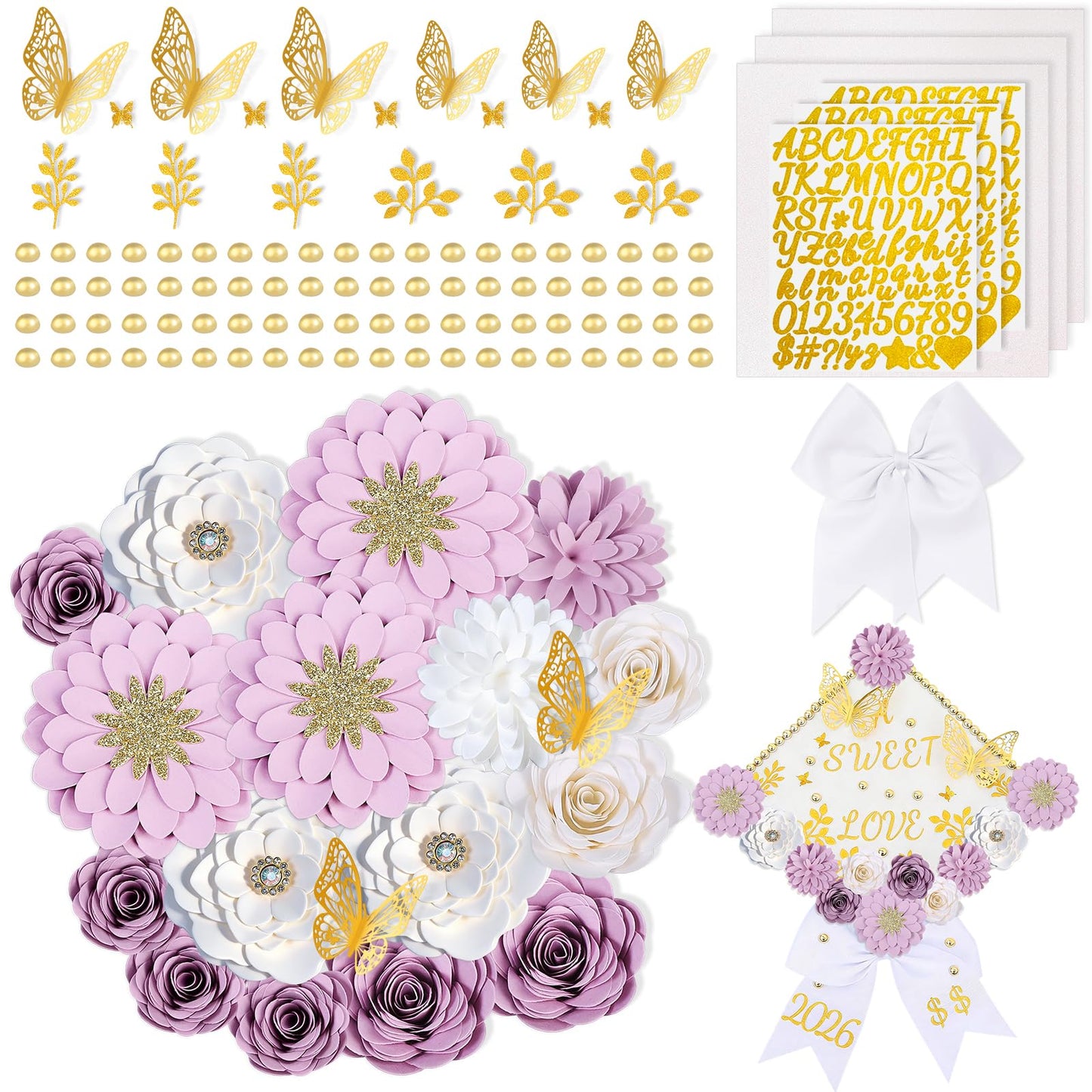 Mverse Graduation Cap Decorations Kit 2026-3D Paper Flowers & Gold Butterflies for Grad Cap Topper - DIY Flower Stickers, Glitter Letters & Pearls for Crafts & Shadow Box (Pink)