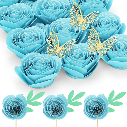Mverse Light Blue Roses Artificial Flowers, Mini Paper Flower Crafts DIY Gift Decorations for Custom Shadow Box Frame, Graduation Cap, Cake Topper (18 Pieces, Light Blue)