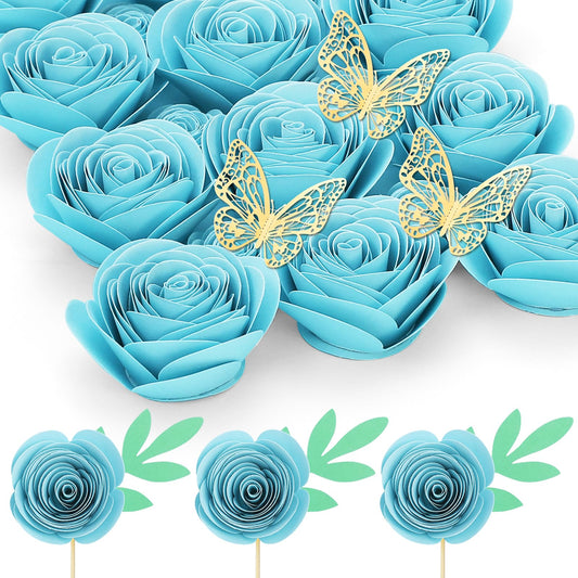 Mverse Light Blue Roses Artificial Flowers, Mini Paper Flower Crafts DIY Gift Decorations for Custom Shadow Box Frame, Graduation Cap, Cake Topper (18 Pieces, Light Blue)