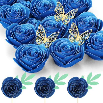 Mverse Fourth of July Decorations Wreath, Fake Blue Roses, Mini Paper Flower Crafts DIY Gift Decorations for Custom Shadow Box Frame, Graduation Cap, Cake Topper (18 Pieces, Dark Blue)