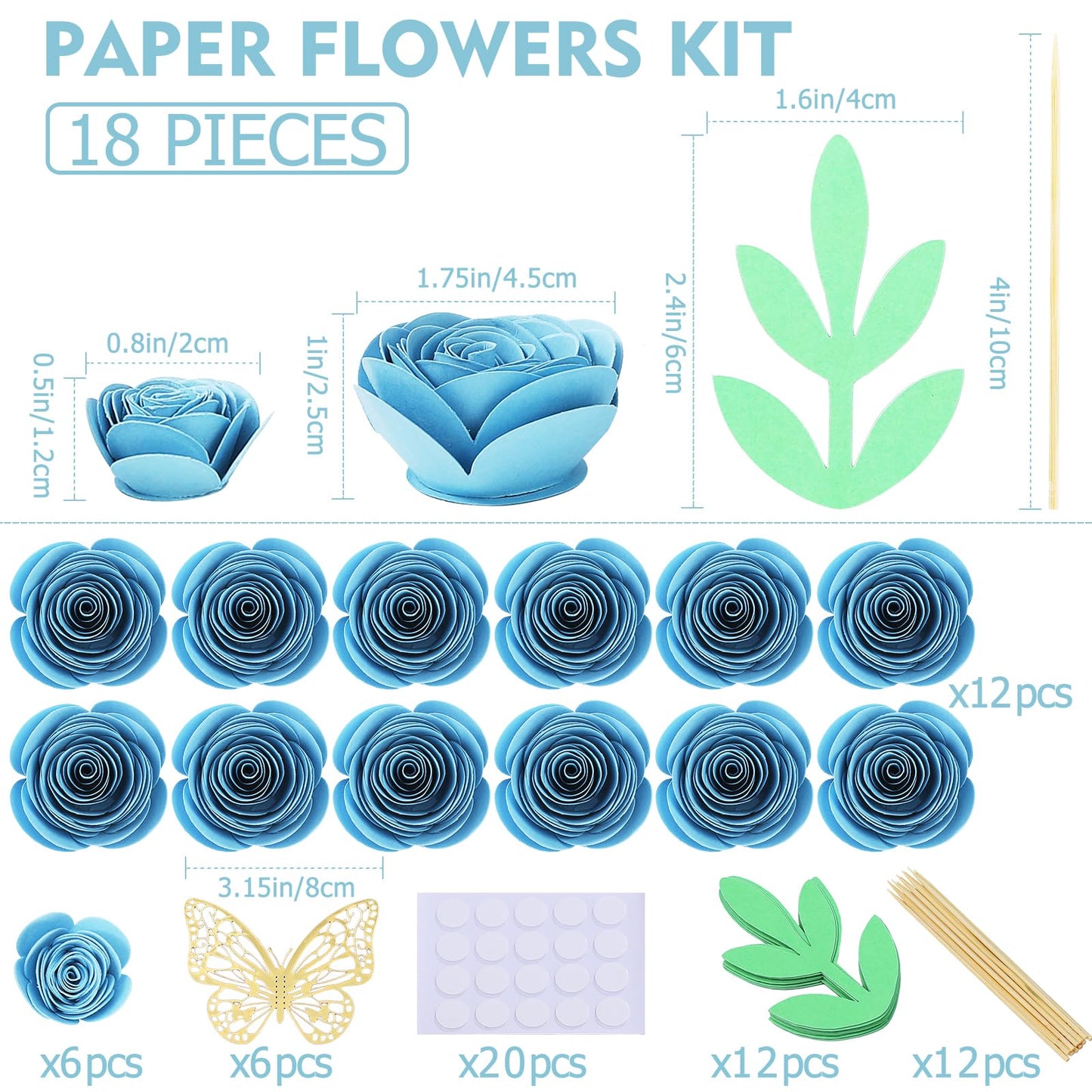 Mverse Blue Roses Artificial Flowers, Mini Paper Flower Crafts DIY Gift Decorations for Custom Shadow Box Frame, Graduation Cap, Cake Topper (18 Pieces, Blue)