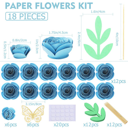 Mverse Blue Roses Artificial Flowers, Mini Paper Flower Crafts DIY Gift Decorations for Custom Shadow Box Frame, Graduation Cap, Cake Topper (18 Pieces, Blue)