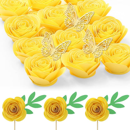Mverse Yellow Roses Artificial Flowers, Rolled Paper Flowers Decorations for Floral Letters, Shadow Box Frame, Graduation Cap, Room Decor (18 Pieces, Light Yellow)