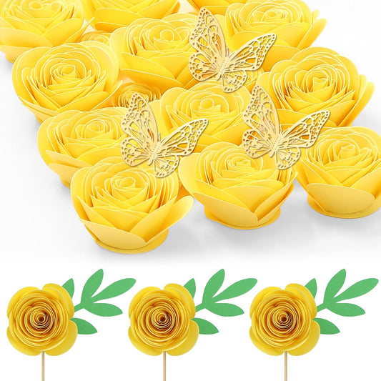 Mverse Yellow Roses Artificial Flowers, Rolled Paper Flowers Decorations for Floral Letters, Shadow Box Frame, Graduation Cap, Room Decor (18 Pieces, Light Yellow)