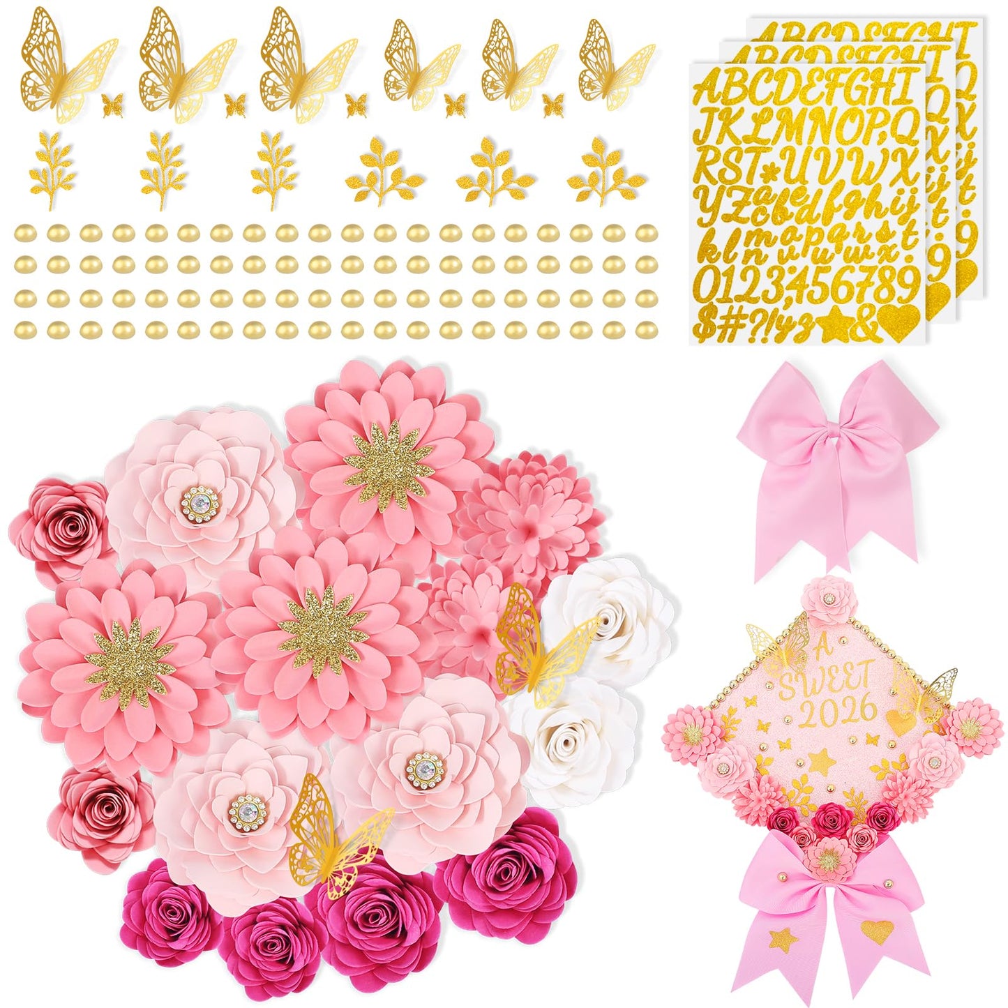 Mverse Graduation Cap Decorations Kit 2026-3D Paper Flowers & Gold Butterflies for Grad Cap Topper - DIY Flower Stickers, Glitter Letters & Pearls for Crafts & Shadow Box (Pink)