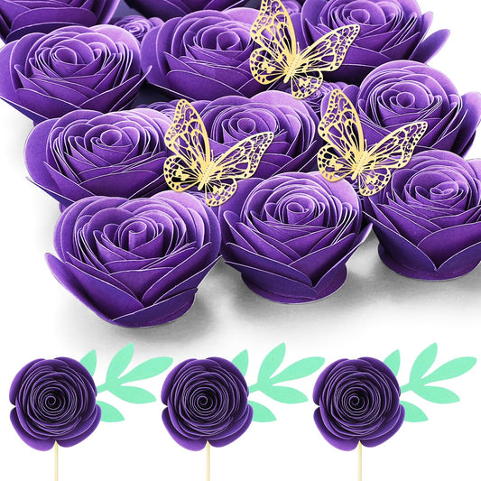 Mverse 3D Small Rose Paper Flowers Halloween Decoration, Decor Custom Wreath, Shadow Box Frame, Handmade Mini Crafts DIY Gift (18 Pieces, Dark Purple)