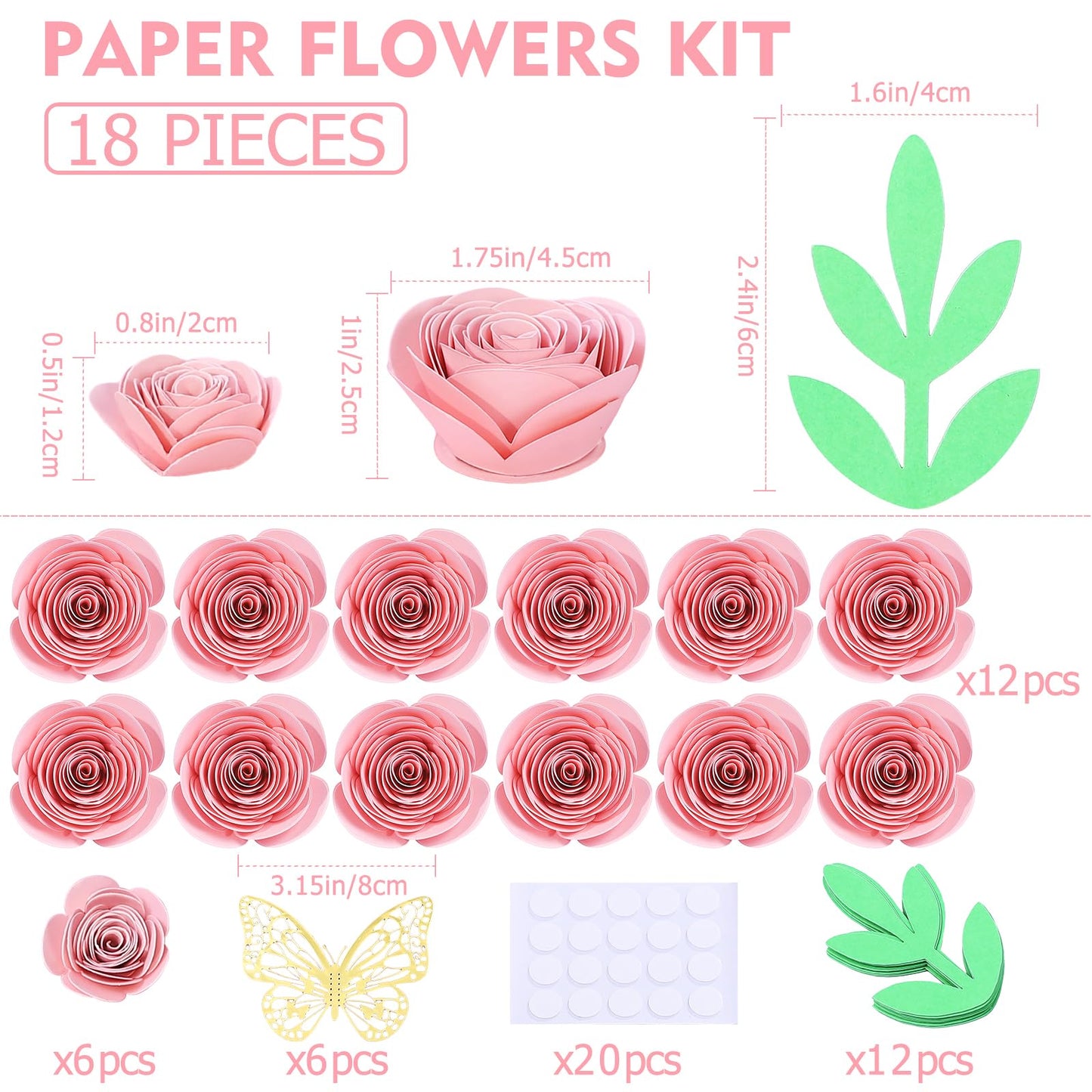 Mverse Pink Forever Rose, 3D Rolled Roses Paper Flowers Decorations for Custom Shadow Box Frame, Mini Artificial Crafts DIY Birthday Gift (18 Pieces, Light Pink)