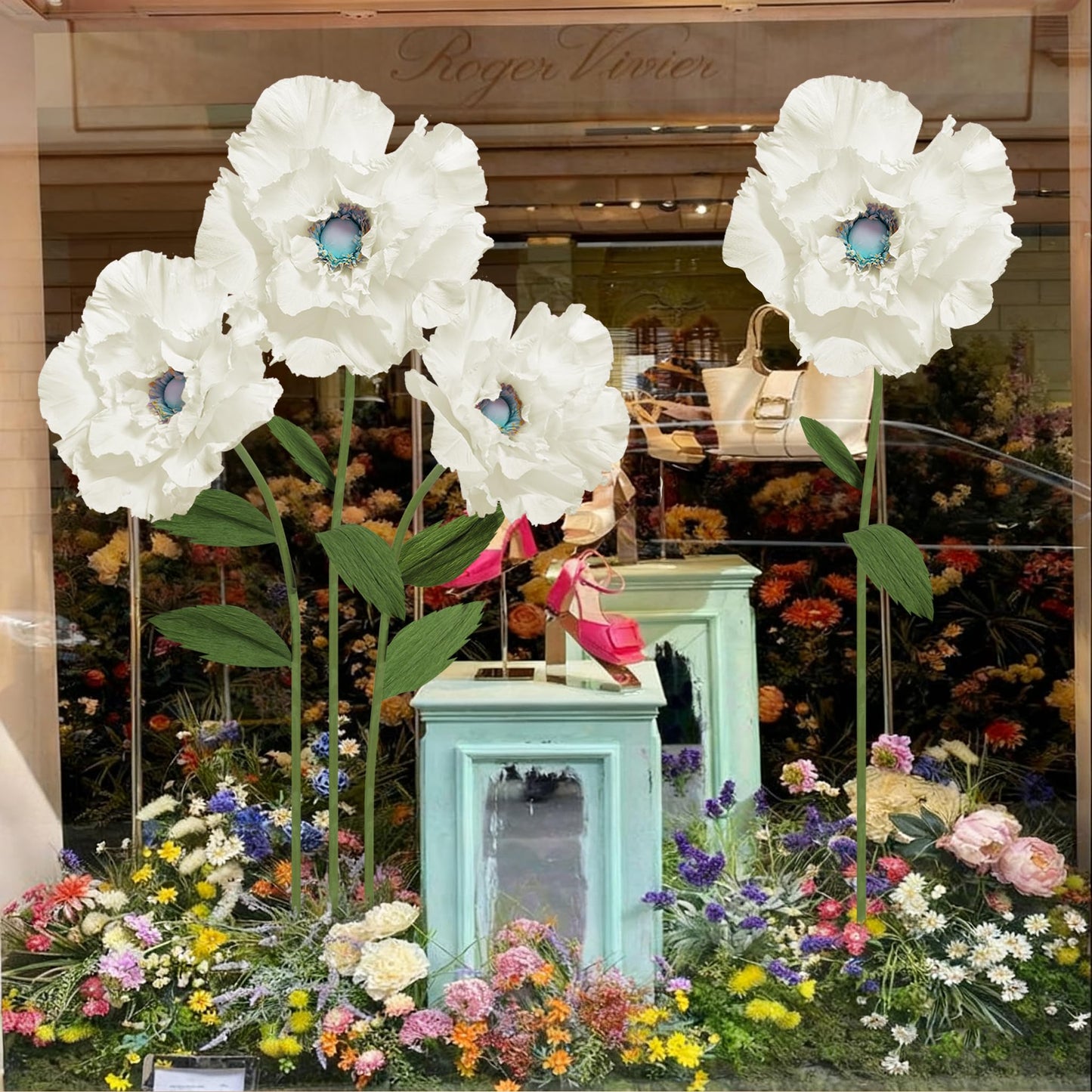 Mverse Giant Standing Flowers with Heavy Duty Base, 5-7ft Life Size Artificial Paper Dasiy Decorations for Wedding Backdrop, Nursery Wall Decor & Luxury Party Photo Booth Props (White)