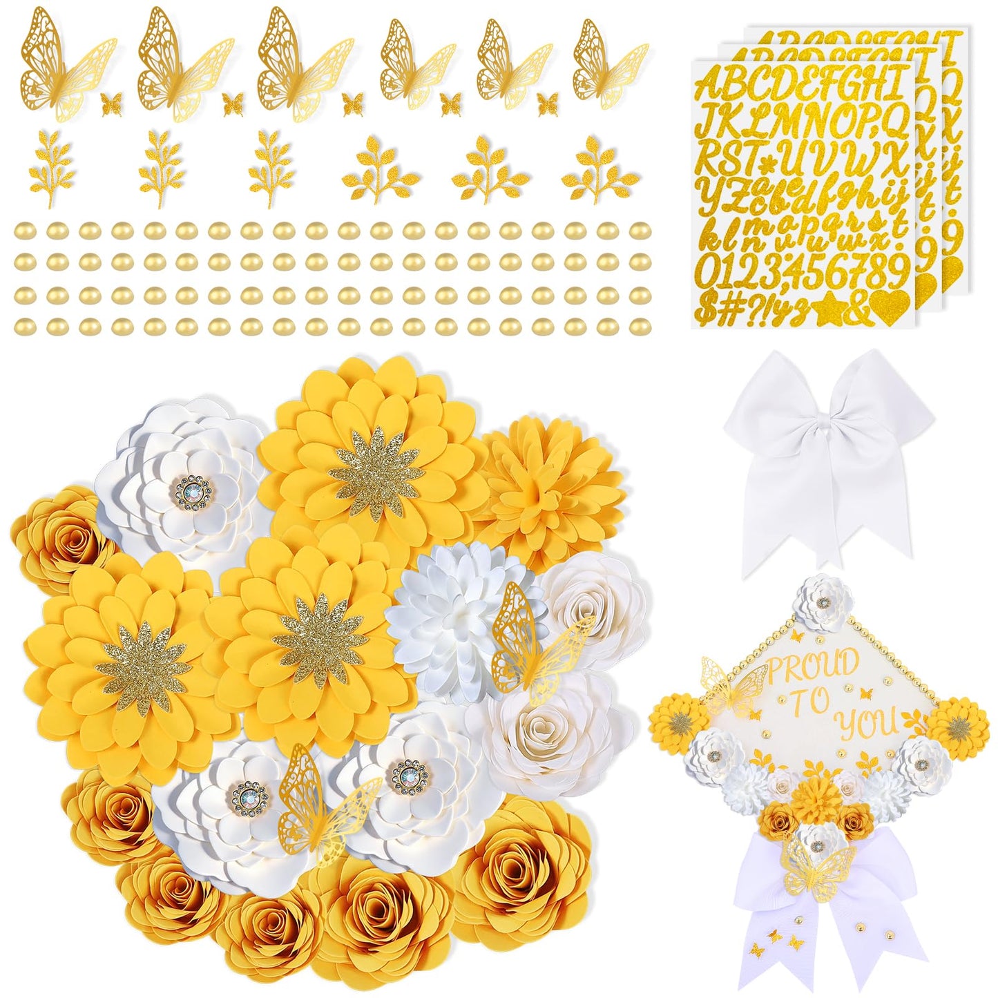 Mverse Graduation Cap Decorations Kit 2026-3D Paper Flowers & Gold Butterflies for Grad Cap Topper - DIY Flower Stickers, Glitter Letters & Pearls for Crafts & Shadow Box (Pink)