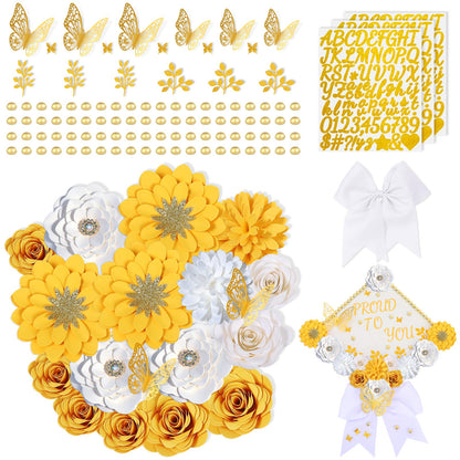 Mverse Graduation Cap Decorations Kit 2026-3D Paper Flowers & Gold Butterflies for Grad Cap Topper - DIY Flower Stickers, Glitter Letters & Pearls for Crafts & Shadow Box (Pink)