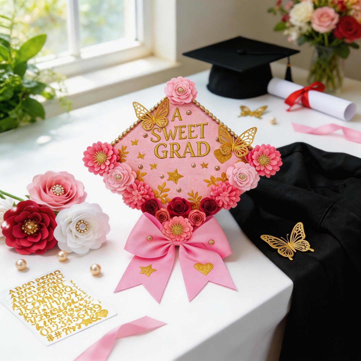 Mverse Graduation Cap Decorations Kit 2026-3D Paper Flowers & Gold Butterflies for Grad Cap Topper - DIY Flower Stickers, Glitter Letters & Pearls for Crafts & Shadow Box (Pink)