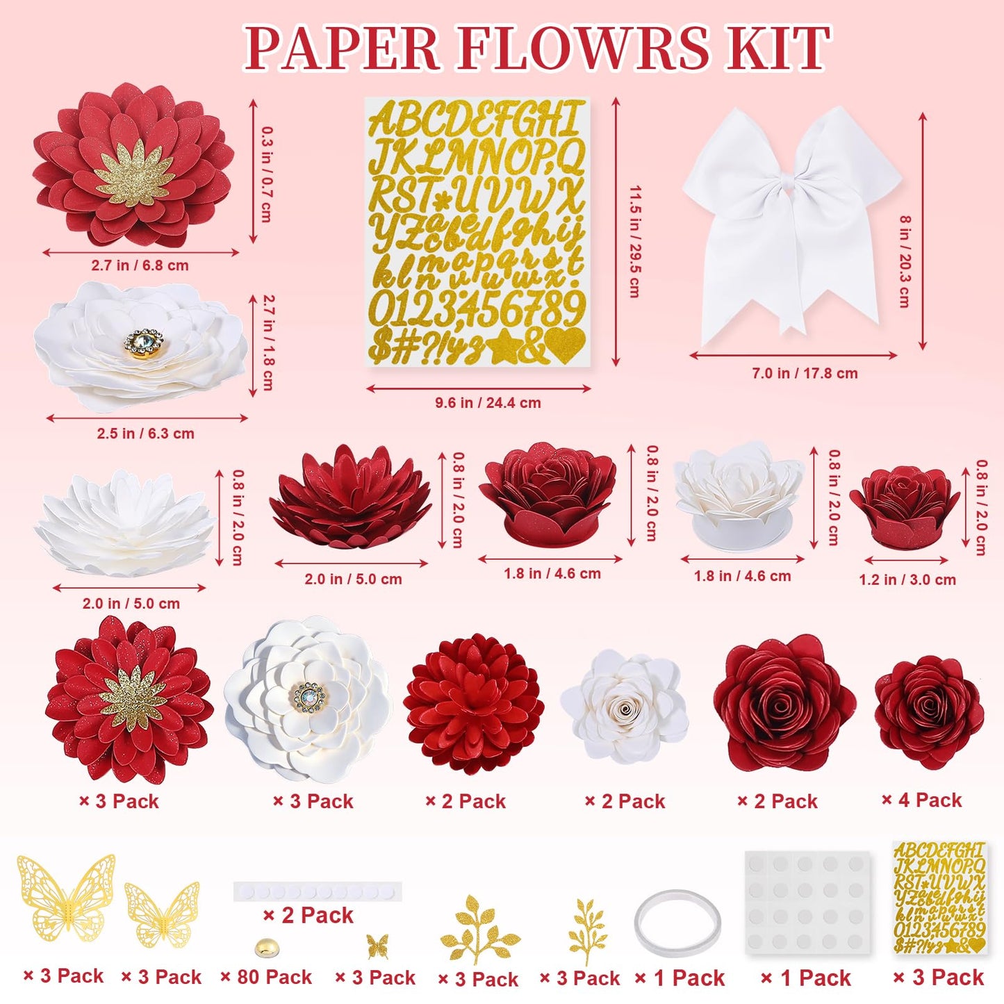 Mverse Graduation Cap Decorations Kit 2026-3D Paper Flowers & Gold Butterflies for Grad Cap Topper - DIY Flower Stickers, Glitter Letters & Pearls for Crafts & Shadow Box (Pink)