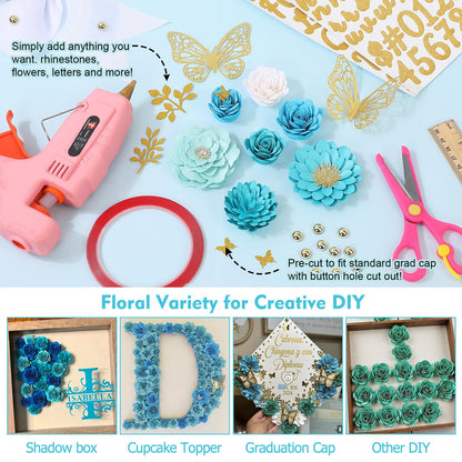 Mverse Graduation Cap Decorations Kit 2026-3D Paper Flowers & Gold Butterflies for Grad Cap Topper - DIY Flower Stickers, Glitter Letters & Pearls for Crafts & Shadow Box (Pink)