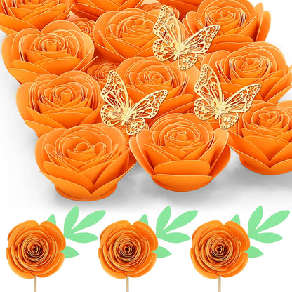 Mverse Halloween Decorations, Thanksgiving Roses Artificial Flowers, Rolled Artificial Roses Paper Flowers, Mini Crafts DIY Gift Decor (18 Pieces, Orange)