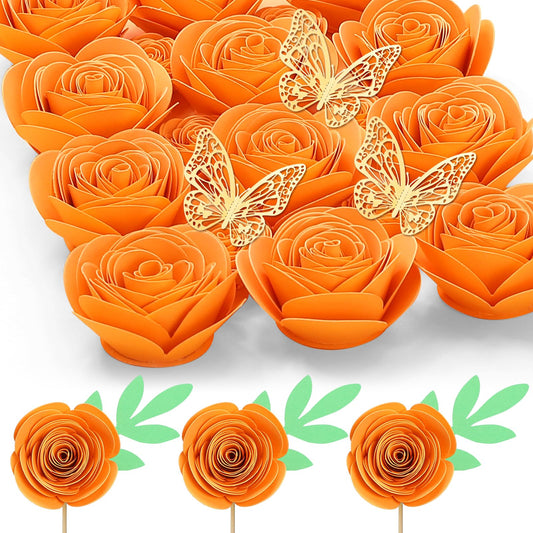 Mverse Halloween Decorations, Thanksgiving Roses Artificial Flowers, Rolled Artificial Roses Paper Flowers, Mini Crafts DIY Gift Decor (18 Pieces, Orange)