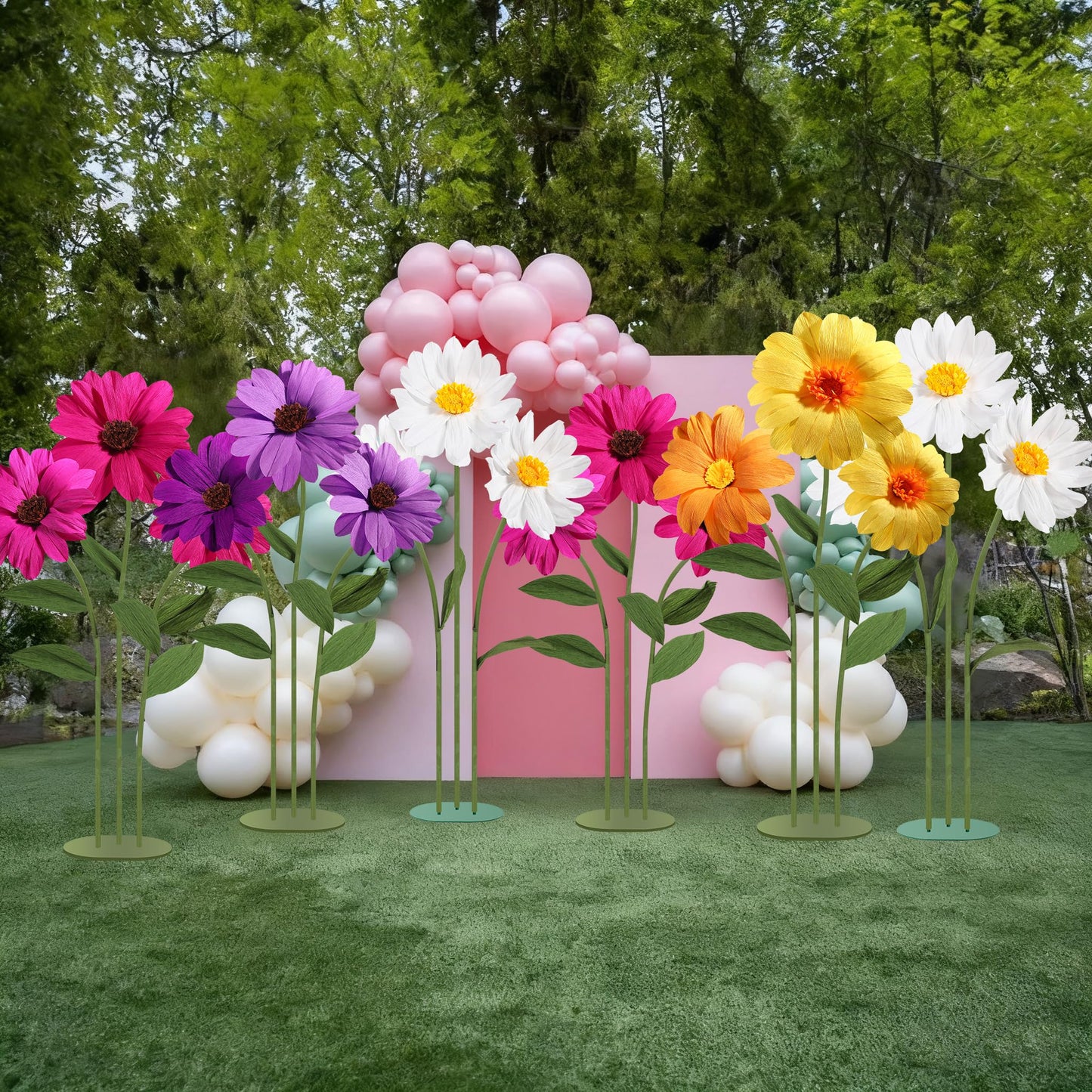 Mverse Giant Standing Flowers with Heavy Duty Base, 5-7ft Life Size Artificial Paper Dasiy Decorations for Wedding Backdrop, Nursery Wall Decor & Luxury Party Photo Booth Props (White)